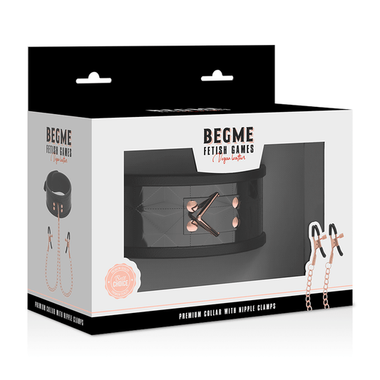 BEGME - BLACK EDITION COLLAR WITH NIPPLE CLAMPS WITH NEOPRENE LINING - Kink&Play
