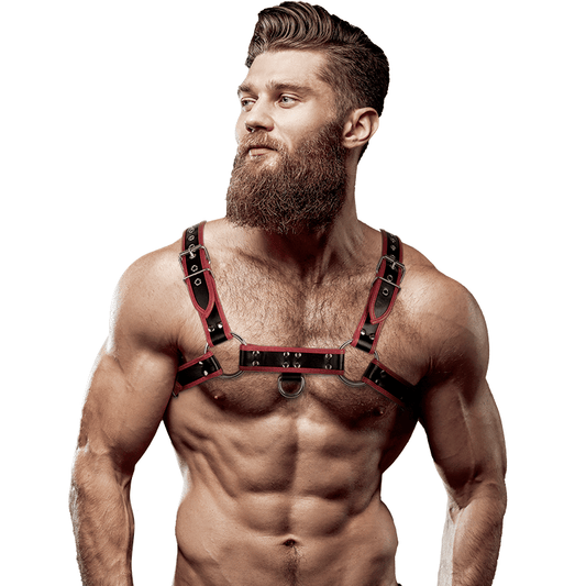 FETISH SUBMISSIVE ATTITUDE - MENS ECO - LEATHER CHEST HARNESS BLACK/RED - Kink&Play