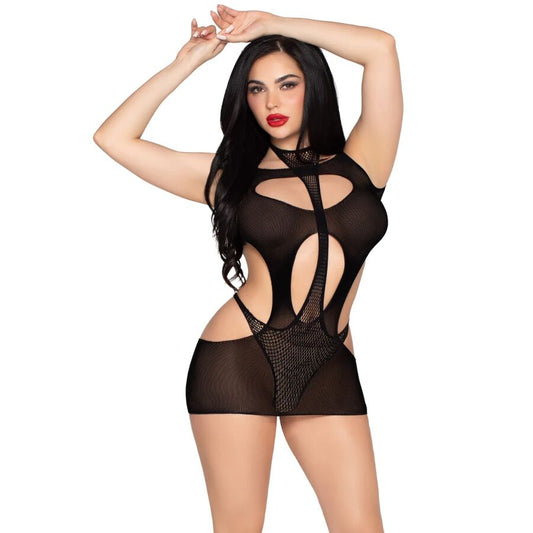LEG AVENUE - 81680 OPAQUE MINI DRESS AND HALTER TEDDY BLACK - ONE SIZE