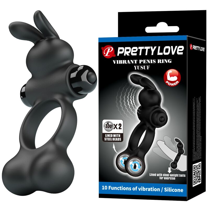PRETTY LOVE - VIBRATING PENIS RING WITH BUNNY STIMULATOR 10 FUNCTIONS BLACK