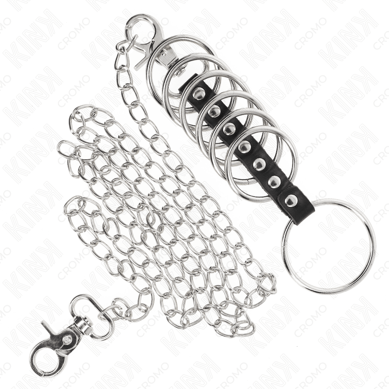 KINK - 7 METAL PENIS RINGS 3.8 CM TO 5 CM CONNECTED WITH LEATHER AND METAL CHAIN 100 CM - Kink&Play