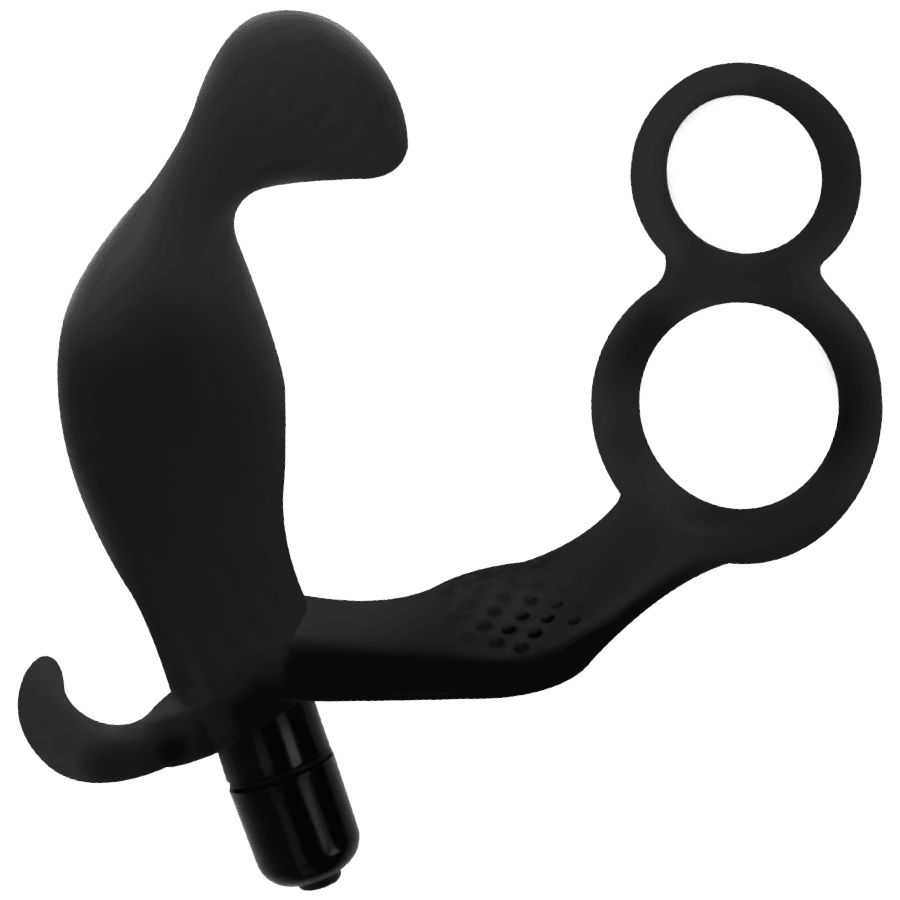 ADDICTED TOYS - ANAL PLUG WITH DOUBLE PENIS RING AND TESTICLES BLACK - Kink&Play