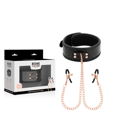 BEGME - BLACK EDITION COLLAR WITH NIPPLE CLAMPS WITH NEOPRENE LINING - Kink&Play