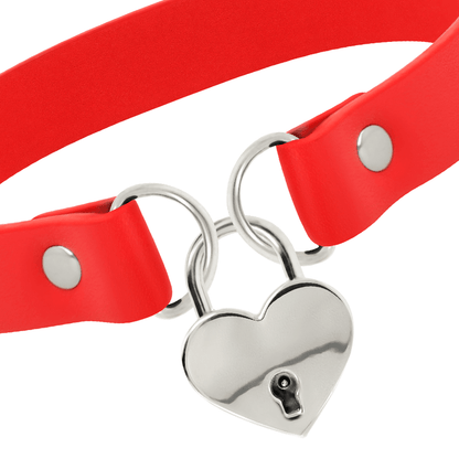 COQUETTE CHIC DESIRE - RED VEGAN LEATHER NECKLACE WITH HEART ACCESSORY WITH KEY - Kink&Play