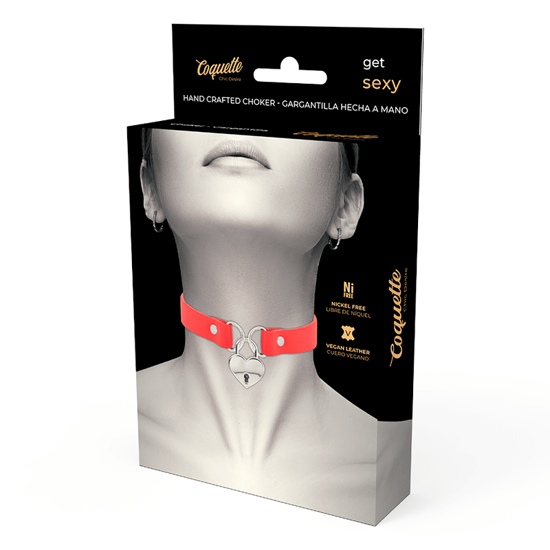 COQUETTE CHIC DESIRE - RED VEGAN LEATHER NECKLACE WITH HEART ACCESSORY WITH KEY - Kink&Play