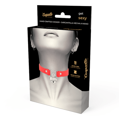 COQUETTE CHIC DESIRE - RED VEGAN LEATHER NECKLACE WITH HEART ACCESSORY WITH KEY - Kink&Play