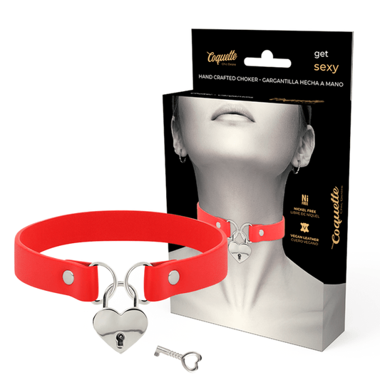 COQUETTE CHIC DESIRE - RED VEGAN LEATHER NECKLACE WITH HEART ACCESSORY WITH KEY - Kink&Play
