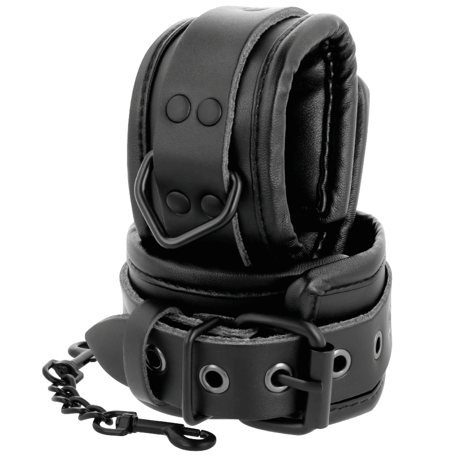 DARKNESS - BLACK LEATHER HANDCUFFS AND COLLAR - Kink&Play