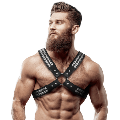 FETISH SUBMISSIVE ATTITUDE - MENS CROSSED CHEST ECO - LEATHER HARNESS WITH RIVETS - Kink&Play