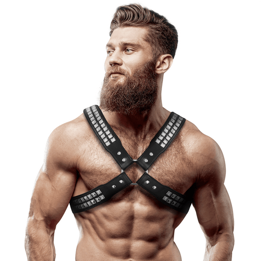 FETISH SUBMISSIVE ATTITUDE - MENS CROSSED CHEST ECO - LEATHER HARNESS WITH RIVETS - Kink&Play