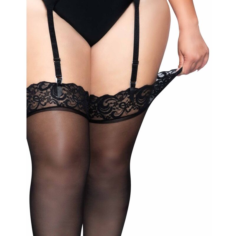 LEG AVENUE - OUTLET - BLACK NYLON STOCKINGS WITH LACE TOP PLUS - Kink&Play