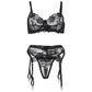 SUBBLIME - SET OF 3 PIECES BRA + THONG + GARTER FLORAL PRINT BLACK S/M
