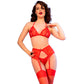 CHILIROSE - CR 4848 RED LACE BRA + THONG + STOCKINGS SET S