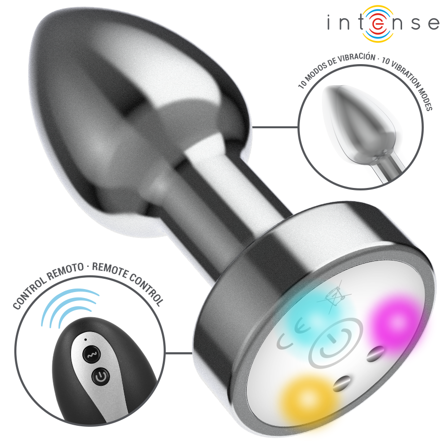 INTENS – VIBRERANDE ANALPLUGG I METALL MED LED-LAMPOR OCH FJÄRRKONTROLL – STORLEK M