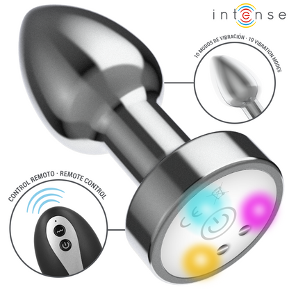 INTENS – VIBRERANDE ANALPLUGG I METALL MED LED-LAMPOR OCH FJÄRRKONTROLL – STORLEK M