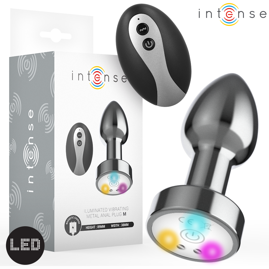 INTENS – VIBRERANDE ANALPLUGG I METALL MED LED-LAMPOR OCH FJÄRRKONTROLL – STORLEK M