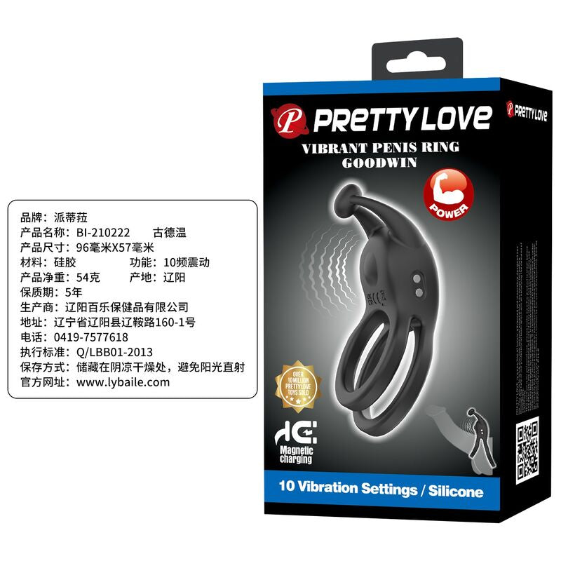 PRETTY LOVE - GOODWIN RECHARGEABLE DOUBLE VIBRATING COCK RING BLACK