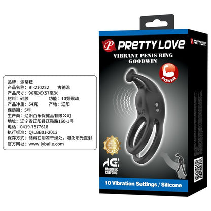 PRETTY LOVE - GOODWIN RECHARGEABLE DOUBLE VIBRATING COCK RING BLACK