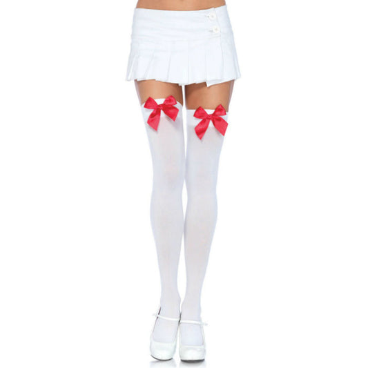 LEG AVENUE - NYLON THIGH HIGHS WITH BOW WHITE / RED - Kink&Play