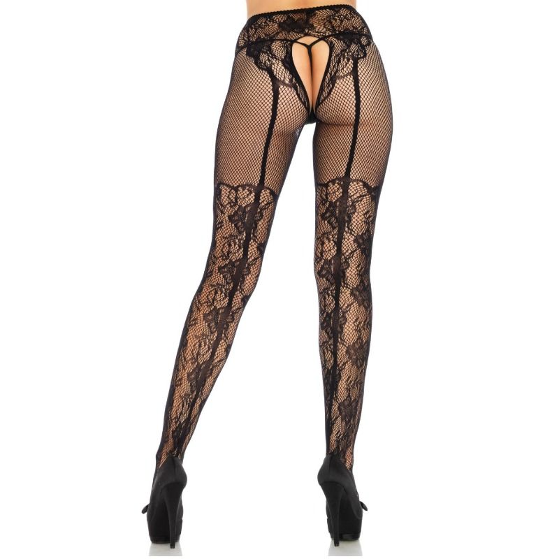LEG AVENUE - STOCKING FLOWERS DESIGN BACK CROTHLESS ONE SIZE - Kink&Play