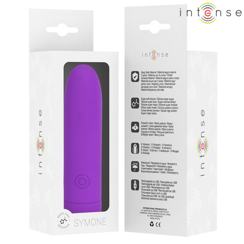 INTENSE - SYMONE USB RECHARGEABLE VIBRATING BULLET 8 VIBRATIONS PURPLE 10 X 2.2 CM - Kink&Play