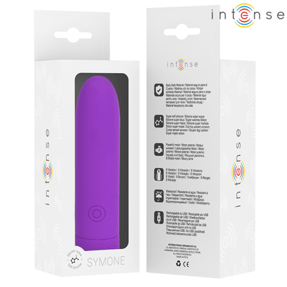 INTENSE - SYMONE USB RECHARGEABLE VIBRATING BULLET 8 VIBRATIONS PURPLE 10 X 2.2 CM - Kink&Play