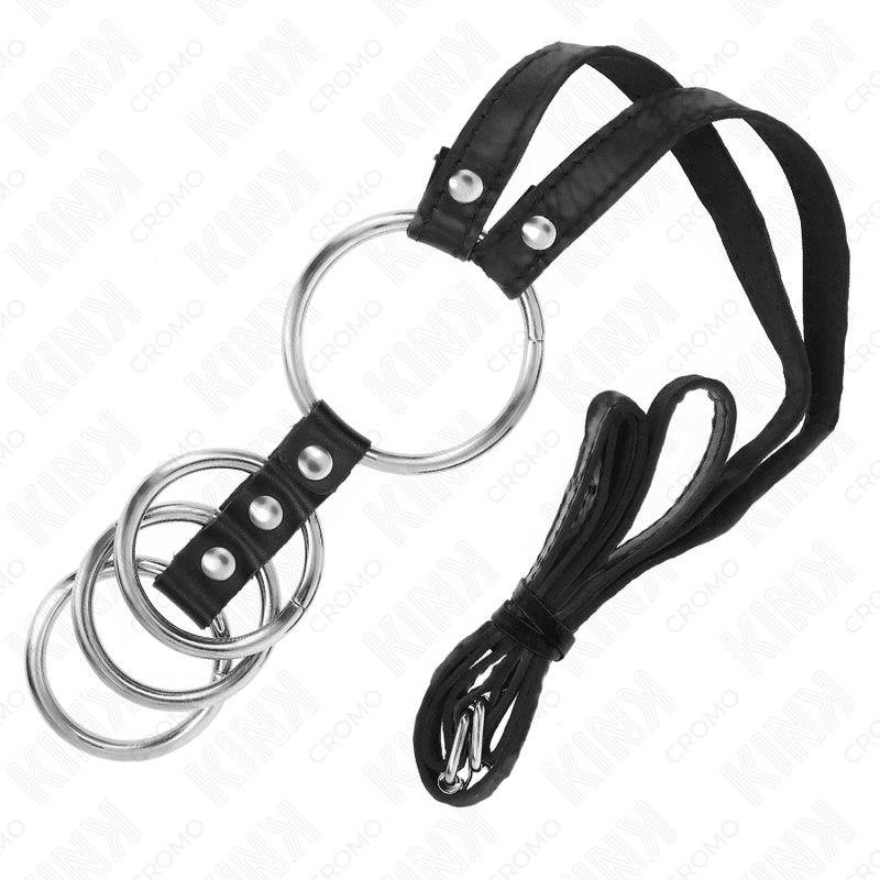 KINK - 4 CONNECTED METAL PENIS RINGS 3.8 CM TO 5 CM WITH LEATHER BELT 112 CM - Kink&Play