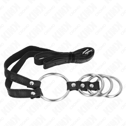 KINK - 4 CONNECTED METAL PENIS RINGS 3.8 CM TO 5 CM WITH LEATHER BELT 112 CM - Kink&Play