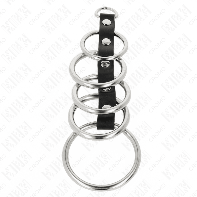 KINK - 5 METAL PENIS RINGS 3.2 CM TO 5 CM CONNECTED BY LEATHER - Kink&Play