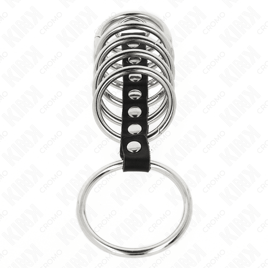 KINK - 7 METAL PENIS RINGS 3.2 CM TO 5 CM CONNECTED BY LEATHER - Kink&Play