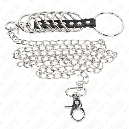 KINK - 7 METAL PENIS RINGS 3.8 CM TO 5 CM CONNECTED WITH LEATHER AND METAL CHAIN 100 CM - Kink&Play