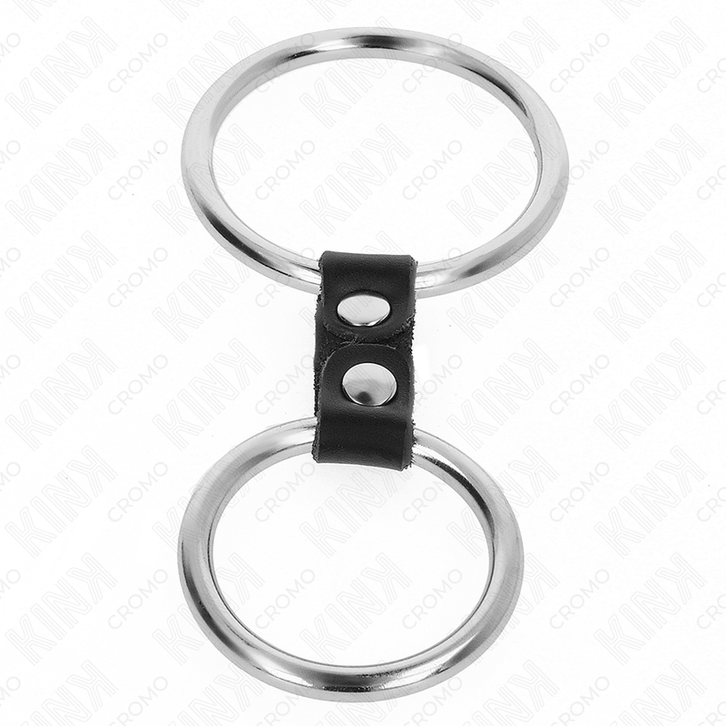 KINK - DOUBLE METAL PENIS RING 3.7 CM TO 5 CM CONNECTED BY LEATHER STRAP MODEL 2 - Kink&Play