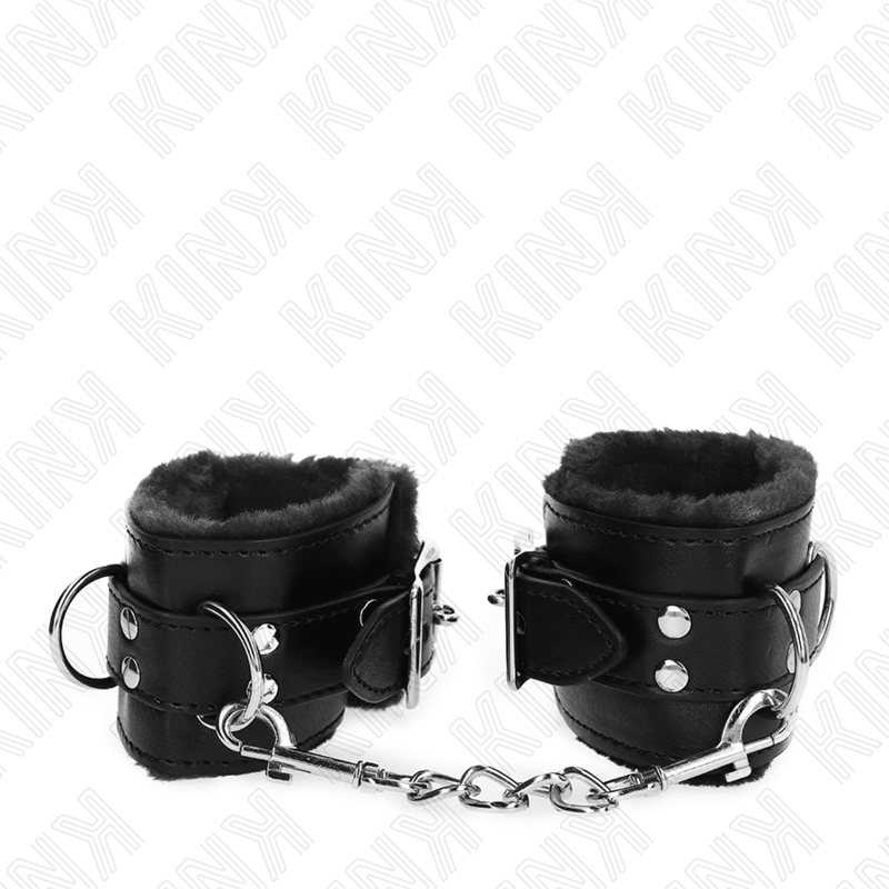 KINK - FUR LINED WRIST RESTRAINTS BLACK WITH BLACK BELT ADJUSTABLE 17 - 29 CM X 6 CM - Kink&Play