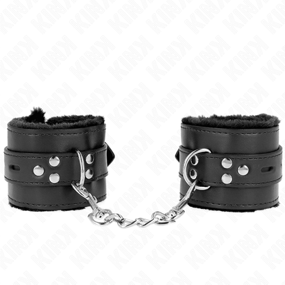 KINK - FUR LINED WRIST RESTRAINTS WITH SQUARE HOLES BLACK AND BLACK BELT ADJUSTABLE 17 - 29 CM X 6 CM - Kink&Play