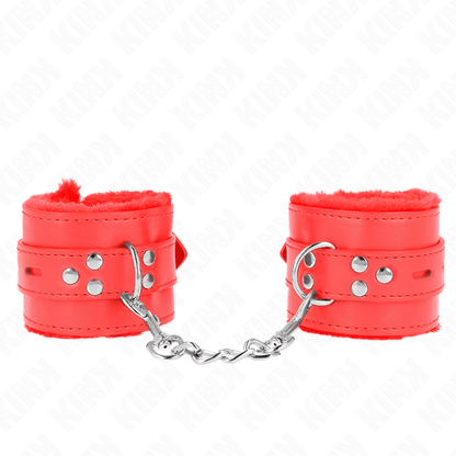 KINK - FUR LINED WRIST RESTRAINTS WITH SQUARE HOLES RED AND RED BELT ADJUSTABLE 17 - 29 CM X 6 CM - Kink&Play