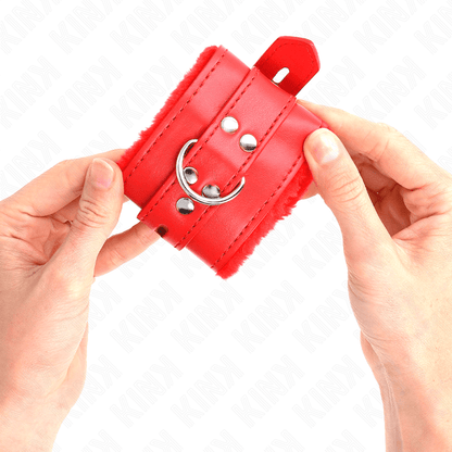 KINK - FUR LINED WRIST RESTRAINTS WITH SQUARE HOLES RED AND RED BELT ADJUSTABLE 17 - 29 CM X 6 CM - Kink&Play