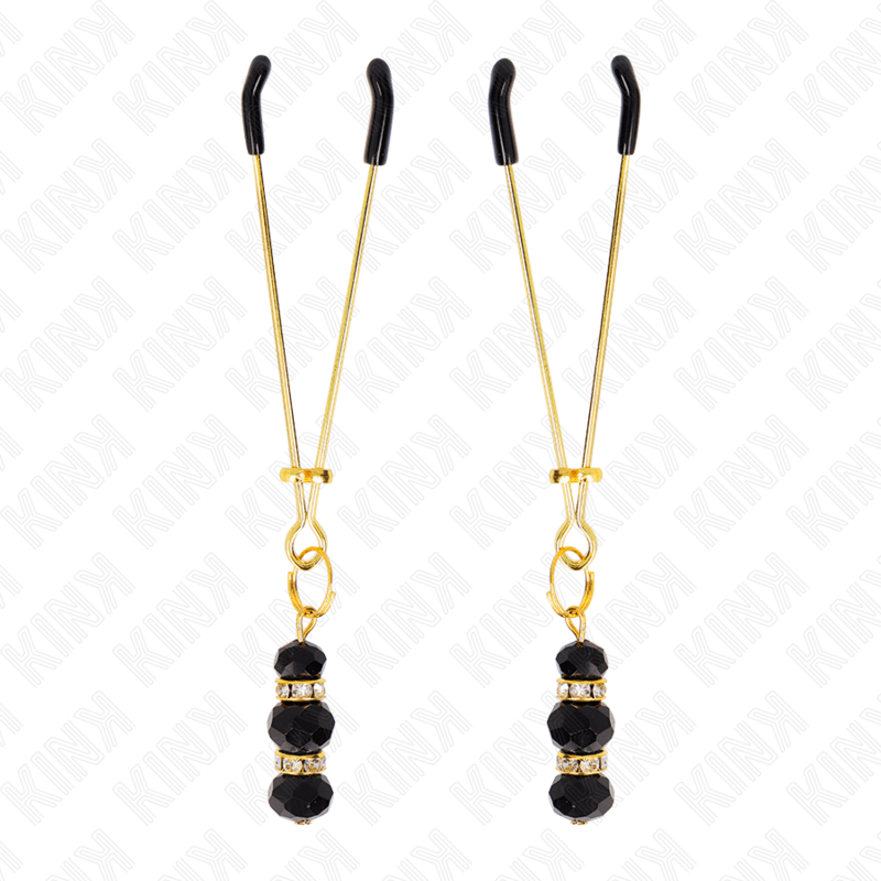 KINK - GOLD THIN NIPPLE CLAMPS WITH 3 BLACK GLASS BEADS 7 CM - Kink&Play