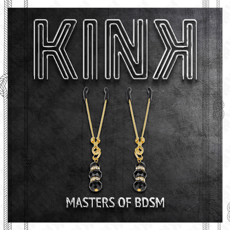 KINK - GOLD THIN NIPPLE CLAMPS WITH 3 BLACK GLASS BEADS 7 CM - Kink&Play