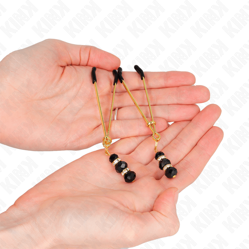 KINK - GOLD THIN NIPPLE CLAMPS WITH 3 BLACK GLASS BEADS 7 CM - Kink&Play