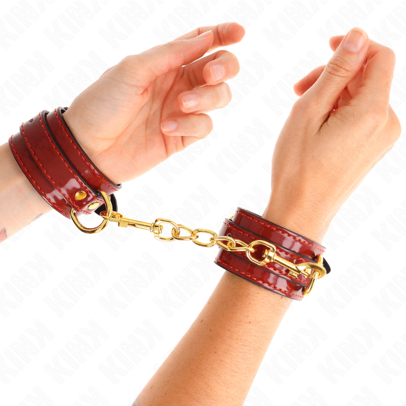 KINK - JOANNA ANGEL WRIST CUFFS RED ADJUSTABLE WITH GOLD CHAIN 16.5 - 26 CM X 4 CM - Kink&Play