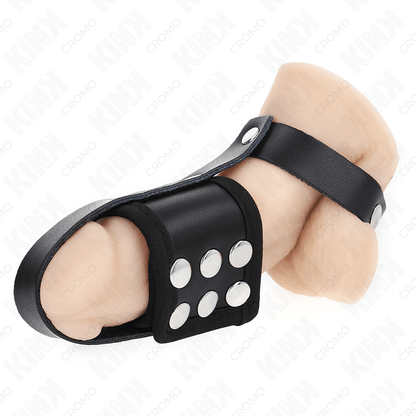 KINK - LEATHER PENIS CAGE RING WITH ADJUSTABLE COATED BALL DIVIDER STRAP - Kink&Play
