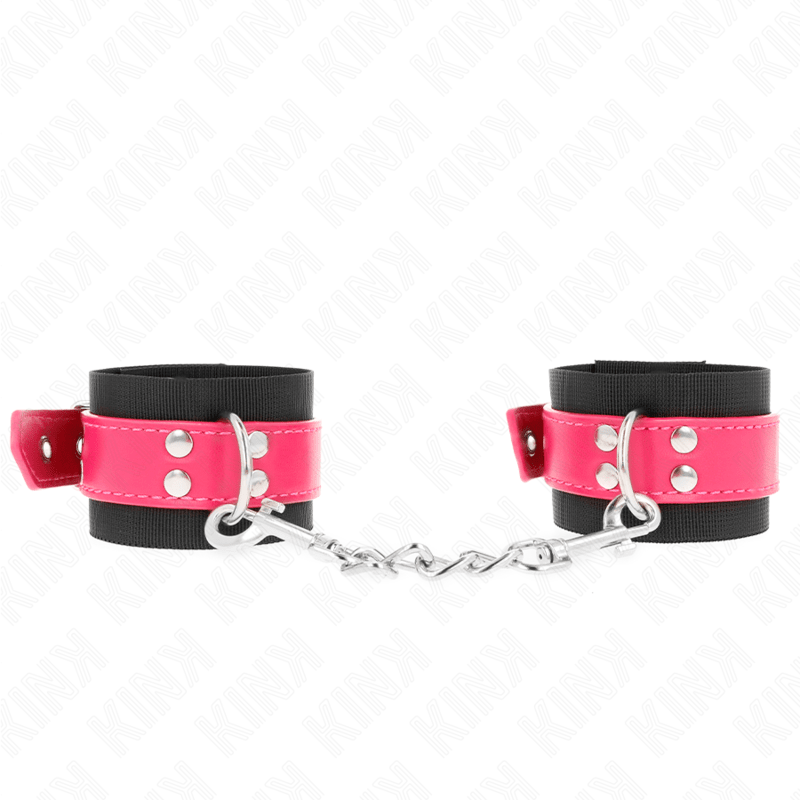 KINK - NYLON WRIST RESTRAINTS BLACK WITH LEATHERETTE BELT RASPBERRY ROSE ADJUSTABLE 19 - 29 CM X 5.1 CM - Kink&Play
