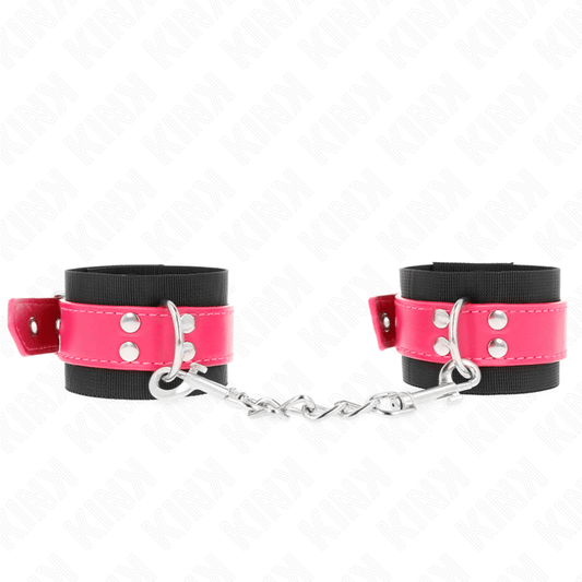 KINK - NYLON WRIST RESTRAINTS BLACK WITH LEATHERETTE BELT RASPBERRY ROSE ADJUSTABLE 19 - 29 CM X 5.1 CM - Kink&Play