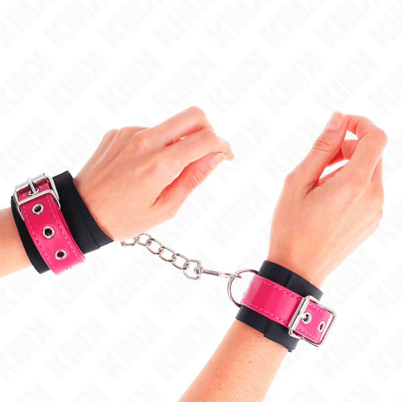 KINK - NYLON WRIST RESTRAINTS BLACK WITH LEATHERETTE BELT RASPBERRY ROSE ADJUSTABLE 19 - 29 CM X 5.1 CM - Kink&Play