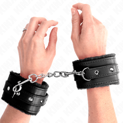 KINK - PREMIUM FUR LINED WRIST RESTRAINTS BLACK WITH BLACK BELT ADJUSTABLE 17 - 29 CM X 6 CM - Kink&Play