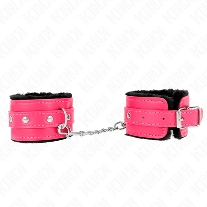 KINK - PREMIUM FUR LINED WRIST RESTRAINTS BLACK WITH RASPBERRY ROSE BELT ADJUSTABLE 17 - 29 CM X 6 CM - Kink&Play