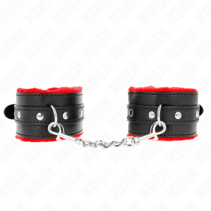 KINK - PREMIUM FUR LINED WRIST RESTRAINTS RED WITH BLACK BELT ADJUSTABLE 17 - 29 CM X 6 CM - Kink&Play