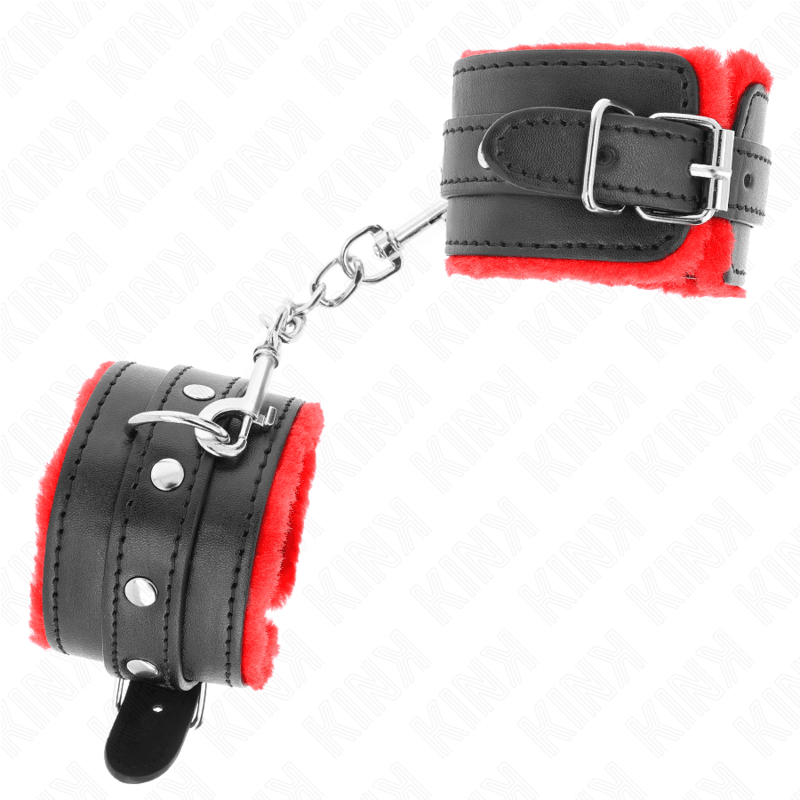 KINK - PREMIUM FUR LINED WRIST RESTRAINTS RED WITH BLACK BELT ADJUSTABLE 17 - 29 CM X 6 CM - Kink&Play
