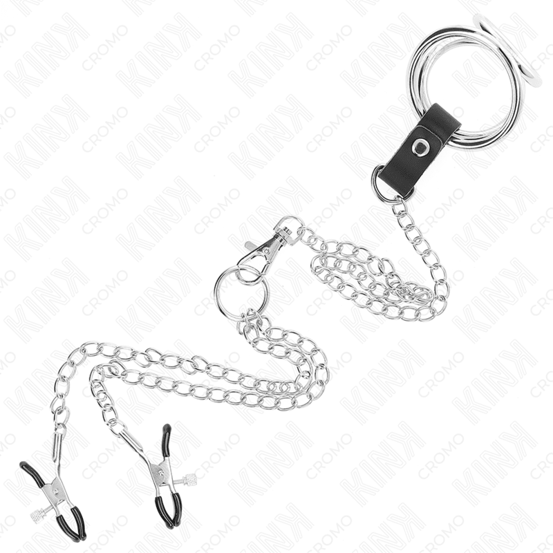 KINK - TRIPLE CHROME METAL PENIS RING 3.8 CM TO 5 CM WITH 26 CM METAL CHAIN AND NIPPLE CLAMPS MODEL 1 - Kink&Play