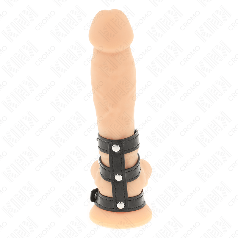 KINK - TRIPLE LEATHER PENIS RING WITH PRESSURE CLOSURE - Kink&Play